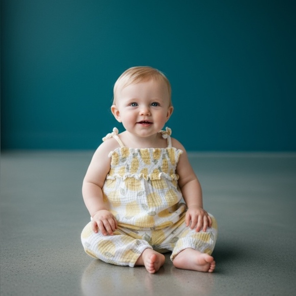Emily & Oliver Lemon  Print Muslin Ruffle Romper 3–6M